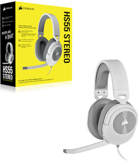 Corsair HS55 Stereo Over Ear Gaming Headset με σύνδεση 3.5mm Λευκό