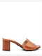 Leather Mules with Chunky Low Heel Tabac