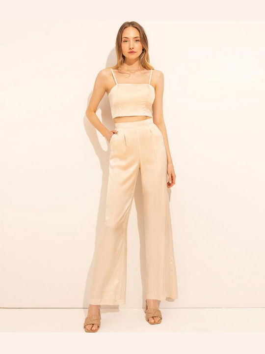 Forever Young The Label Yolanda Women's High Waist Fabric Palazzo Pants Vanilia