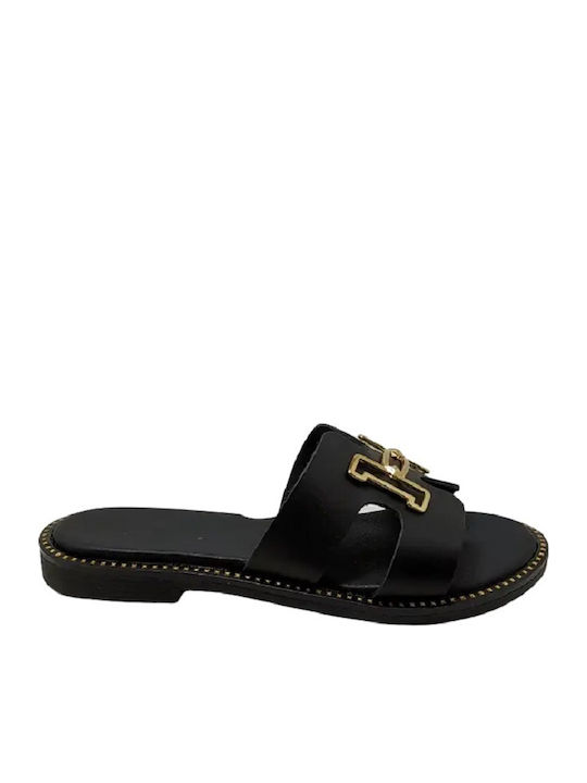 Leather Women's Flat Sandals in Black Color