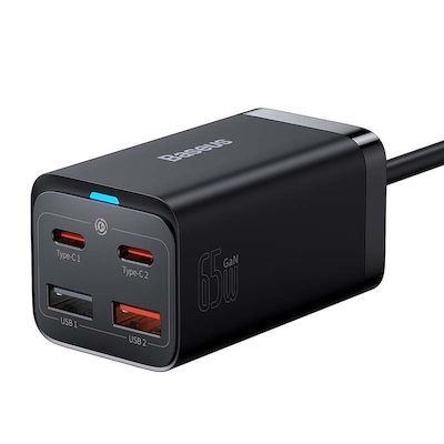 Baseus Charger Without Cable with 2 USB-A Ports and 2 USB-C Ports 65W Power Delivery / Quick Charge 4.0 Blacks (CCGP040101)