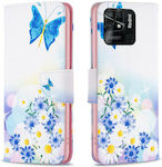 Θήκη Xiaomi Redmi 10C OEM Blue Butterfly & Flowers με βάση στήριξης, υποδοχές καρτών και μαγνητικό κούμπωμα Flip Wallet από συνθετικό δέρμα και TPU