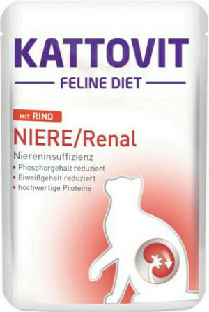 Kattovit Feline Diet Niere/Renal Wet Food for Adult Cats in Pouches with Beef 85gr