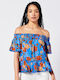 Superdry Women's Summer Blouse Off-Shoulder Short Sleeve Floral Turquoise