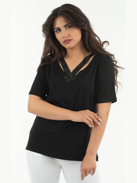 VISCOSE TEE WITH RHINESTONES-22006-BLACK