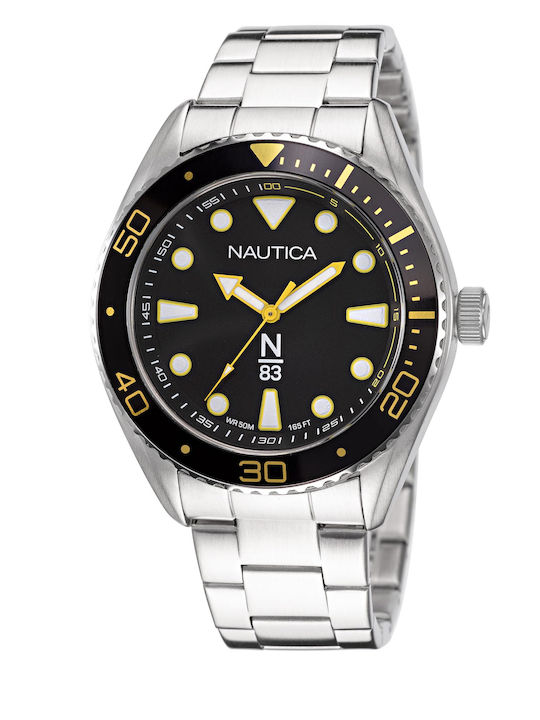 Nautica Herrenuhr 44mm Batterie mit Silber Metallarmband