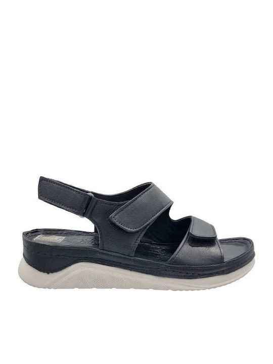 Leather Women's Flat Sandals with Strap in Black Color