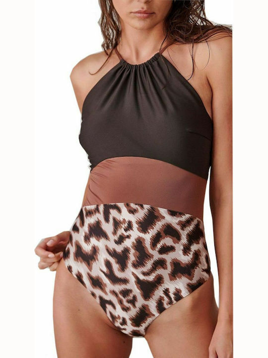 Costum De Baie Întreg Cu Burete Detașabil Animal Print Maro