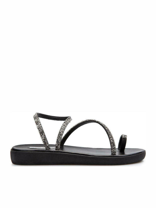 Leder Flache Sandalen für Damen Flatforms Black/Gun