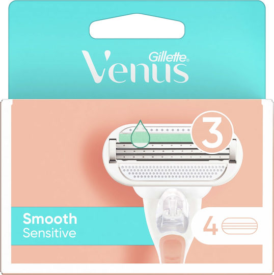 Venus Smooth Sensitive Бръсначка за тяло с Резервни глави 3 остриета и лубрикантна лента за чувствителна кожа 4бр