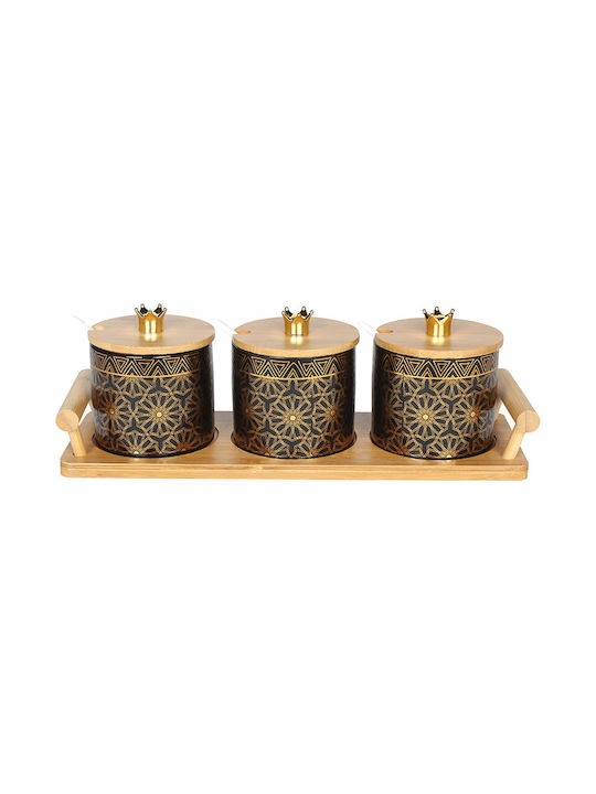 Keskor Set of 3 Ceramic Tea Jars with Lid and Stand Black 37x12.5x12cm 3 Pieces