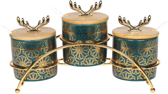 Keskor Set 3 Stück Lebensmittelgläser & Behälter für Tee mit Deckel & mit Gestell Keramik Grün 27x10.5x15cm