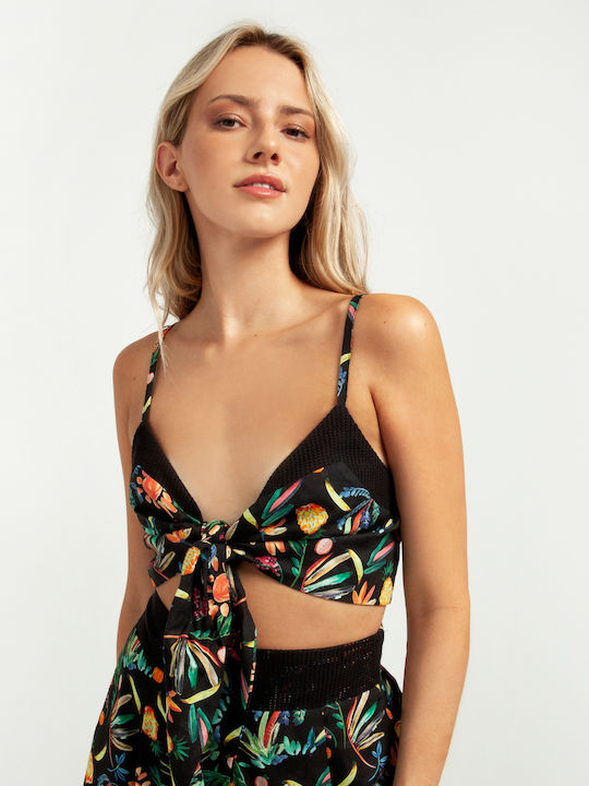 Toi&Moi Top de Damă de Vară Crop cu Bretele Floral Negru