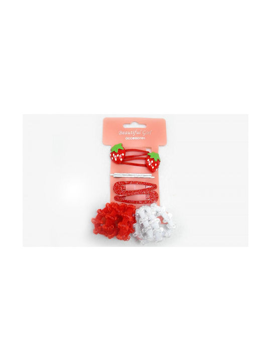 Τσιμπιδάκια Μαλλιών Φράουλα Set Kids Hair Clips with Hair Clip / Rubber Band Fruit in Red Color 5pcs