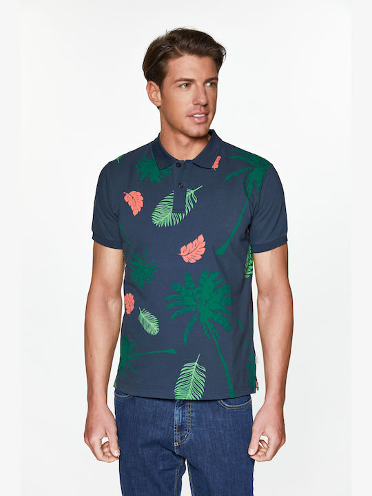 Snta Polo Pique with Short Sleeve & Print Allover Floral - Dark Blue