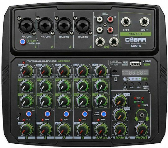 Cobra Streamer6 AUST6 Analoge Konsole 6 Kanäle mit Phantom Power & 4 XLR-Eingänge & Bluetooth