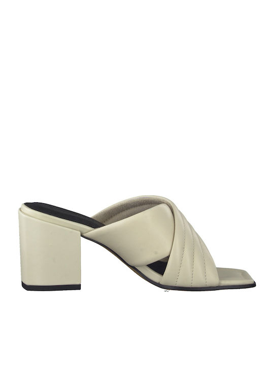 Leather Mules with Chunky High Heel in White Color