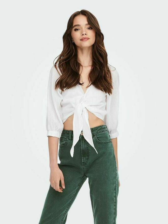 Only Damen Crop Top Baumwolle mit 3/4 Ärmel Weiß