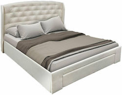 Navina Κρεβάτι Διπλό Επενδυμένο με Ύφασμα Εκρού με Συρτάρια & Τάβλες 150x200cm