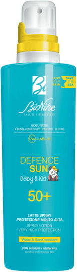 Bionike Defence Sun Baby & Kid Lapte Solar SPF50 Waterproof Protecție Solară Pentru Bebeluși Spray Pentru Față 200ml