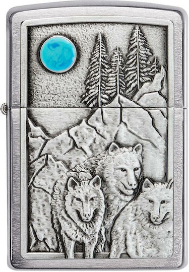 Zippo Wolf Pack und Moon Emblem Winddichtes Feuerzeug mit Flamme in Silber Farbe
