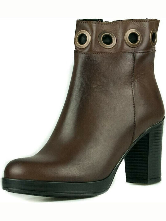 Leather Women's Ankle Boots with High Heel Brown