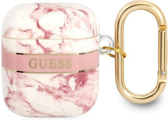 Guess Marble Strap Hülle Silikon mit Haken in Rosa Farbe für Apple AirPods 1 / AirPods 2