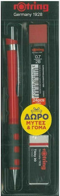 Rotring Tikky Μηχανικό Μολύβι 0.7mm με Γόμα Κατάλληλο για Σχέδιο 3τμχ Κόκκινο