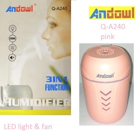 Andowl Q-A240 3 in 1 rechargeable humidifier with LED light and mini fan Humidifier in Pink Color Q-A240