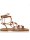 Leather Women's Flat Sandals in Tabac Brown Color