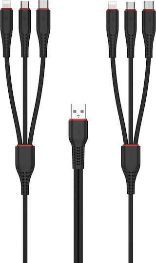 XO NB196 Regular Cablu USB la Lightning / Type-C / micro USB cu mai multe porturi 3.5A Negru 2m (XO-NB196)