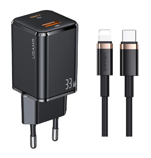 Usams Mobile Phone Charger with USB-A and USB-C Output Ports and USB-C - Lightning Cable 33W Power Delivery / Quick Charge 3.0 Black