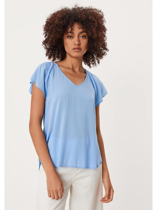 S.Oliver Women's Summer Blouse Short Sleeve with V Neck Blue