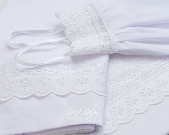 Lina Baby Σετ Βαπτιστικά Λαδόπανα Broderie Anglais Λευκά 3τμχ