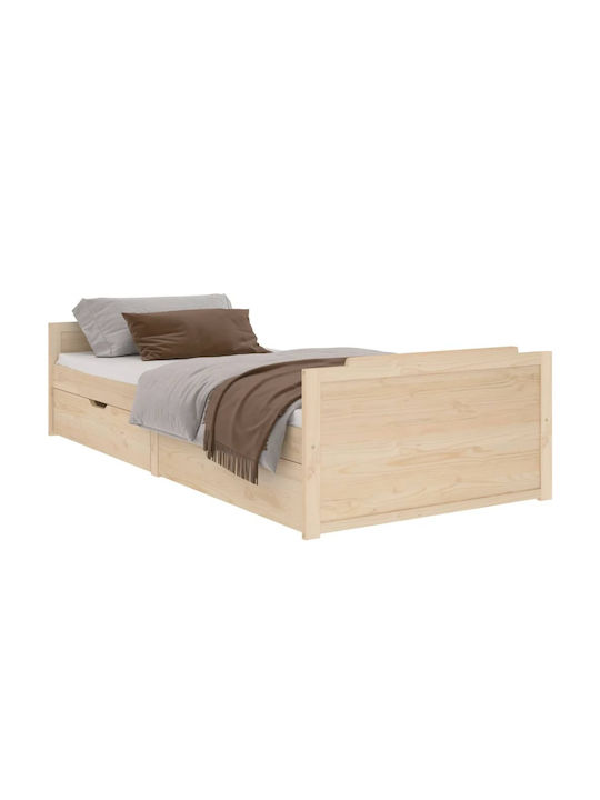 Κρεβάτι Μονό από Μασίφ Ξύλο Φυσικό με Συρτάρια , Στρώμα & Τάβλες 90x200cm