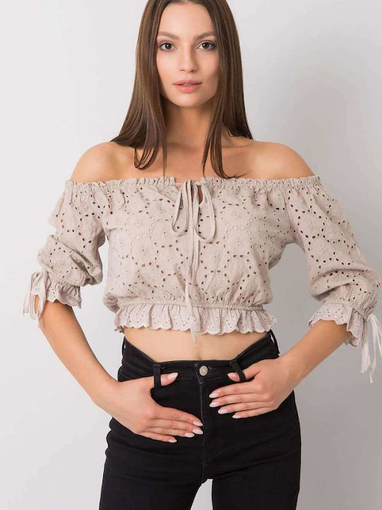 Och Bella Damen Sommer Crop Top Schulterfrei Baumwolle mit 3/4 Ärmel Beige