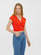 Vero Moda Women's Summer Blouse Linen Short Sleeve with V Neck Orange