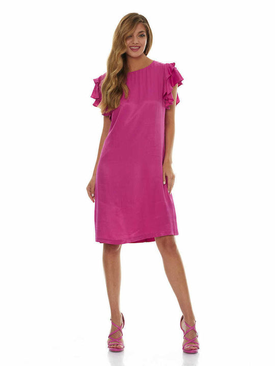 Μίντι Σατέν Φόρεμα Με Βολάν Μανίκια Ροζ