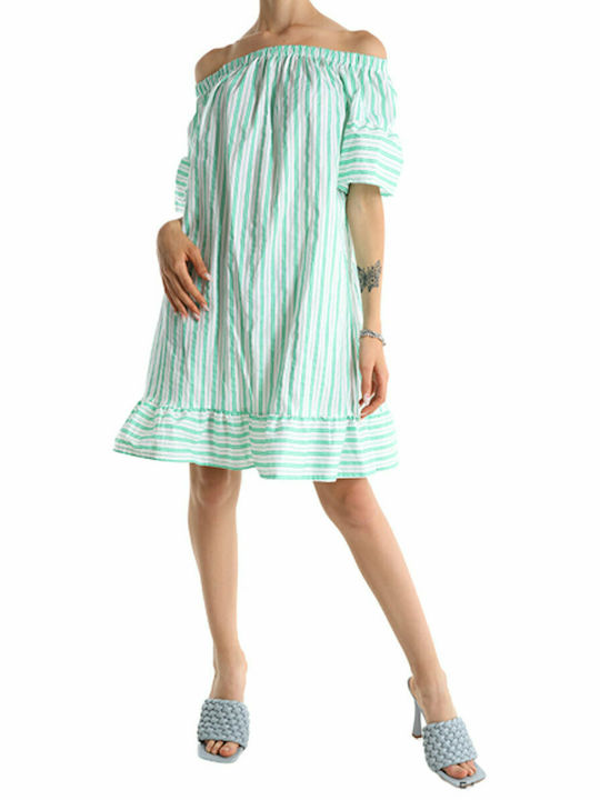 Ριγέ βαμβακερό φόρεμα με ανοιχτούς ώμους - Πράσινο