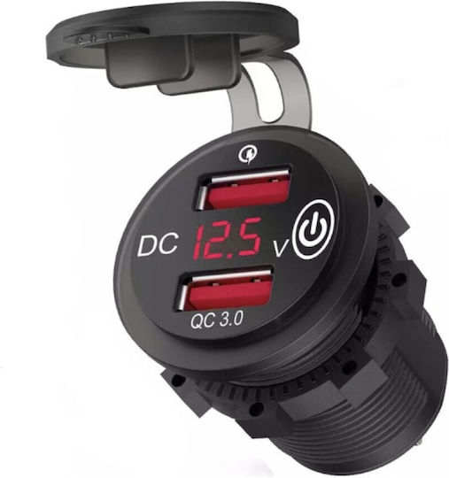 6834 Waterproof Motorcycle Charger with Ports: 2xUSB Voltmeter and On/Off Switch