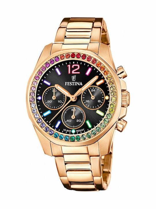 Festina Γυναικείο Ρολόι 38mm Χρονογράφος Μπαταρίας με Ροζ Χρυσό Μεταλλικό Μπρασελέ
