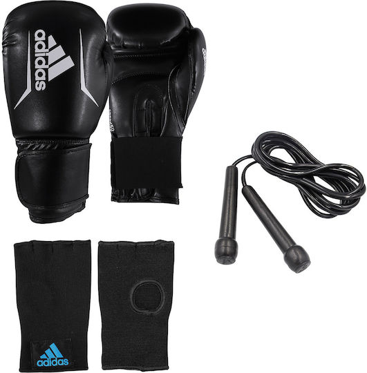 adidas ADIBPKITSMU Boxing Gloves made of Synthetic Leather for Bag Black Set with Inner Gloves and Plastic Jump Rope 264cm