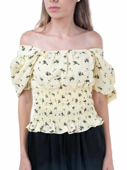 Rut & Circle Women's Summer Blouse Off-Shoulder Short Sleeve Floral Yellow