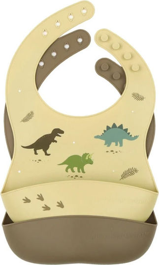 A Little Lovely Company Dinosaurs Αδιάβροχη Σαλιάρα Σιλικόνης με Κουμπί & Τσέπη Καφέ 2τμχ