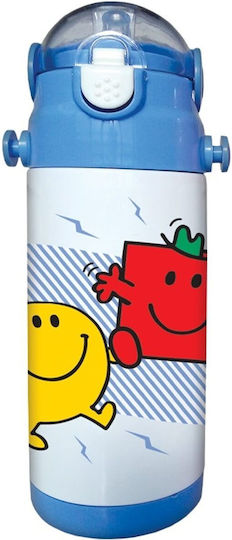 CHartini Poli Kids Water Bottle Mr. Men and Little Miss Plastic with Straw Blue 450ml