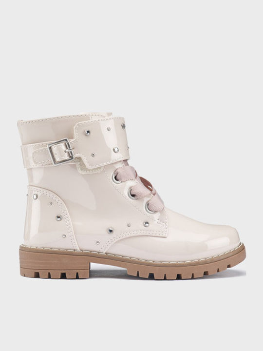 Biker Kinderstiefel aus Lackleder mit Schnürsenkeln Beige