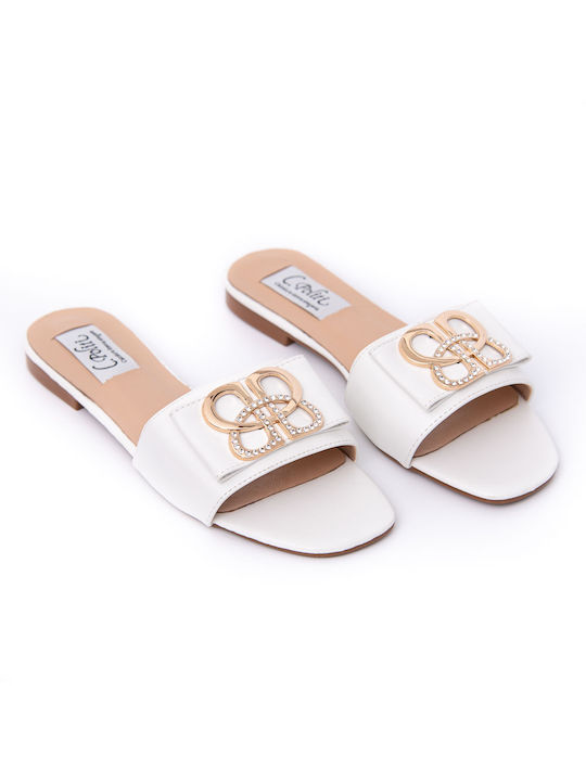 White flat leather Mule with rhinestones POLITIS