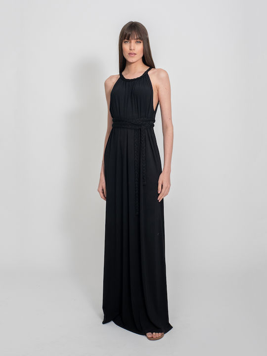 Aggel Knitwear Maxi Φόρεμα για Γάμο / Βάπτιση με Τιράντα Μαύρο