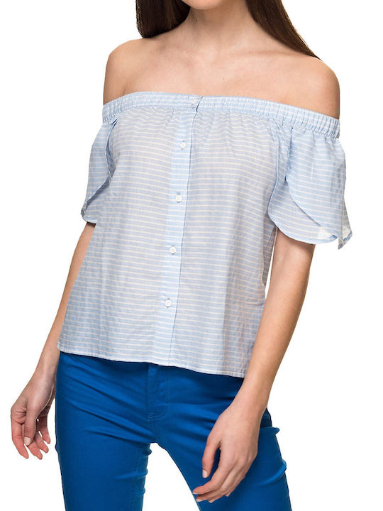 Silvian Heach Sihe Sh Women's Summer Blouse Cotton Off-Shoulder Short Sleeve Striped Blue