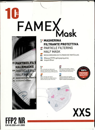 Famex Μάσκα Προστασίας FFP2 NR XXS για Παιδιά σε Λευκό χρώμα με Pink Hearts 10τμχ